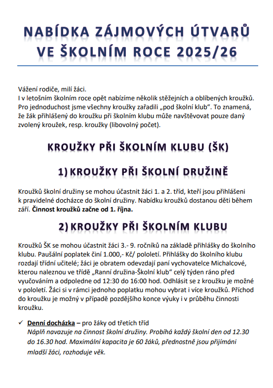 Nabídka zájmových útvarů ve školním roce 2025/2026