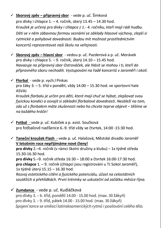 Nabídka zájmových útvarů ve školním roce 2025/2026