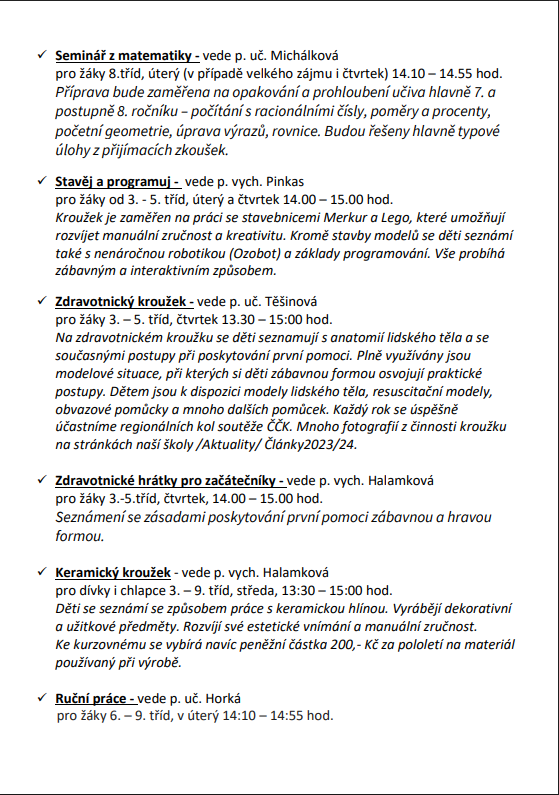 Nabídka zájmových útvarů ve školním roce 2025/2026