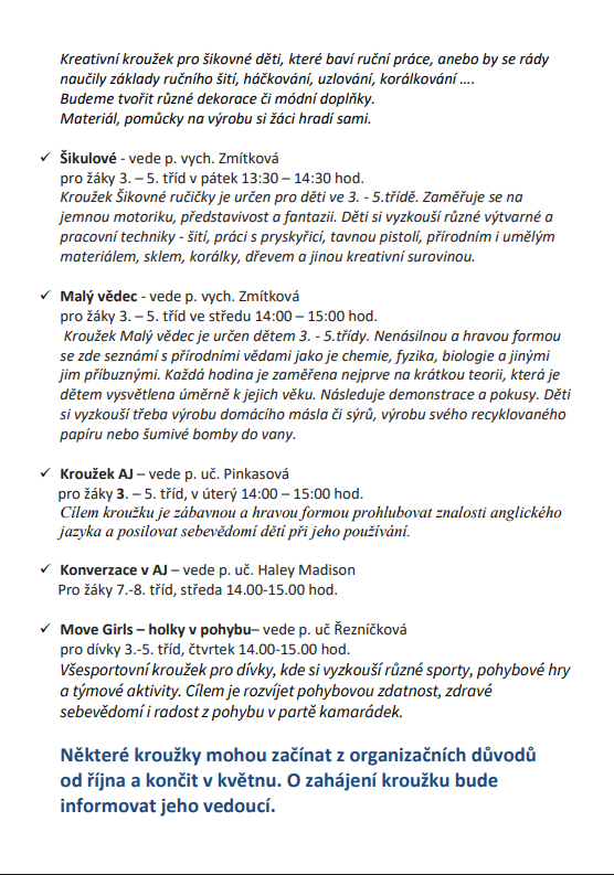 Nabídka zájmových útvarů ve školním roce 2025/2026