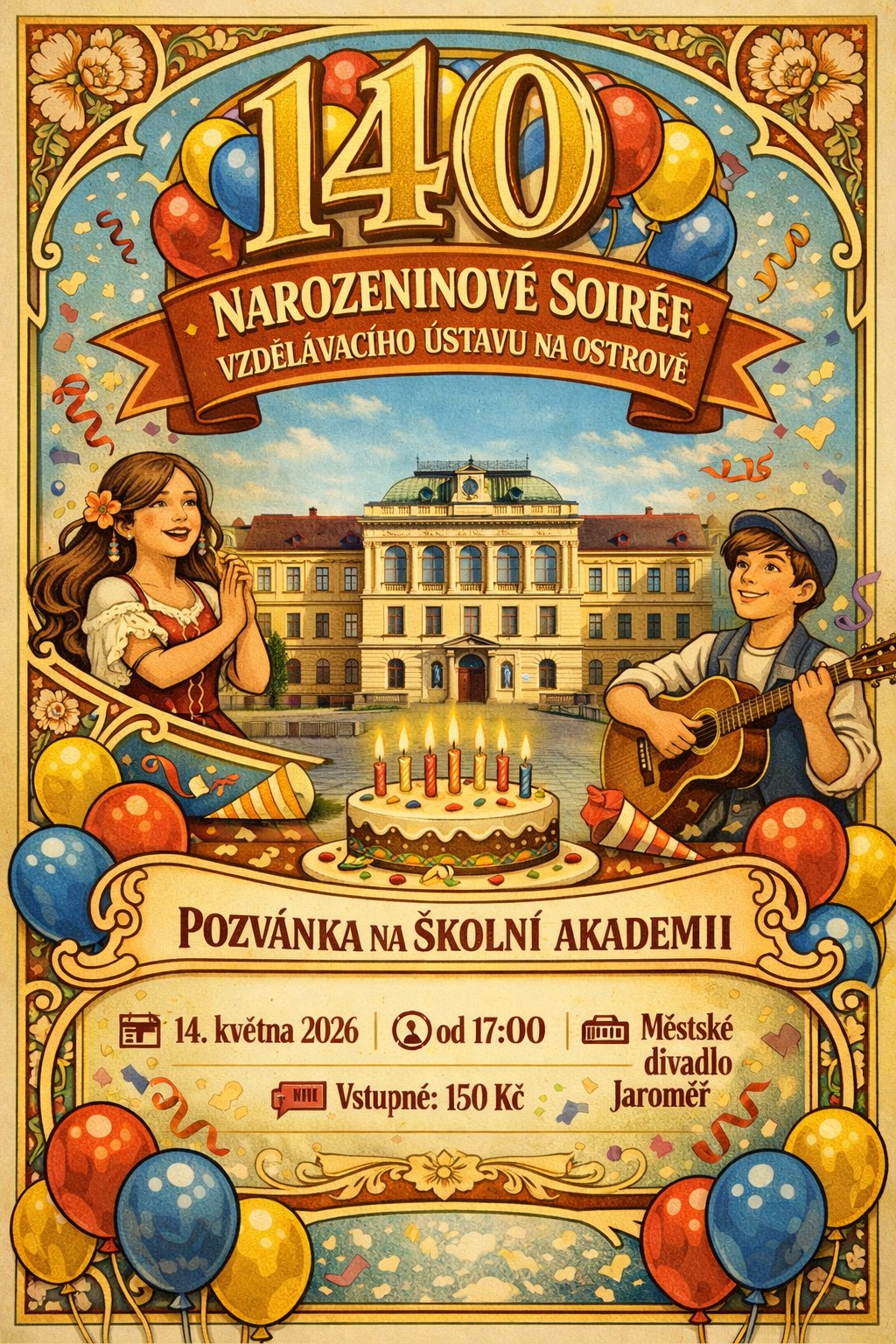 Pozvánka na školní akademii "Narozeninové soirée vzdělávacího ústavu Na Ostrově"